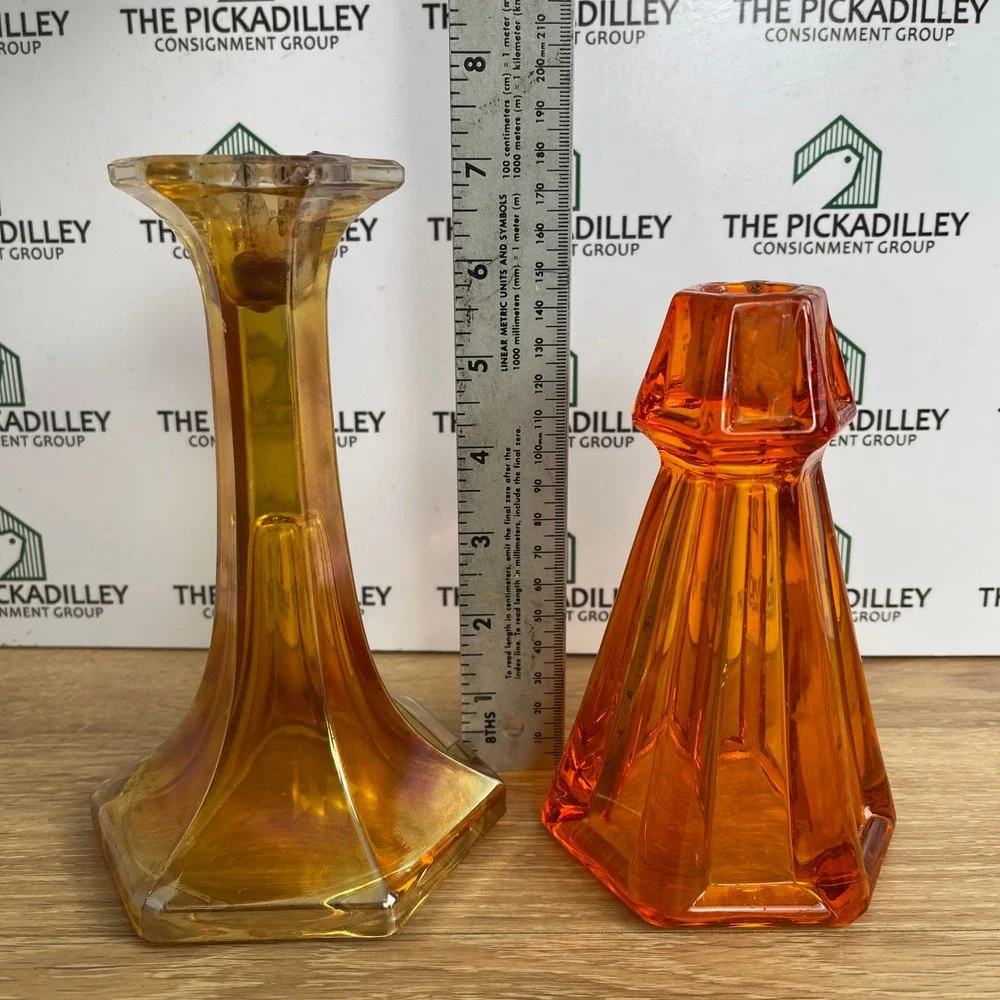 Vintage Marigold Carnival Glass & Amber Hexagonal Candlestick Holders Set of 2